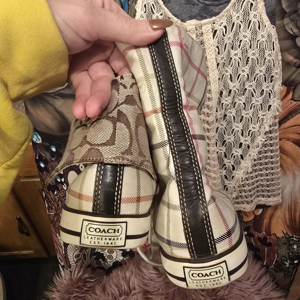 Coach Women's Plaid High-Top Sneakers - Cream and Brown - Picture 11 of 13